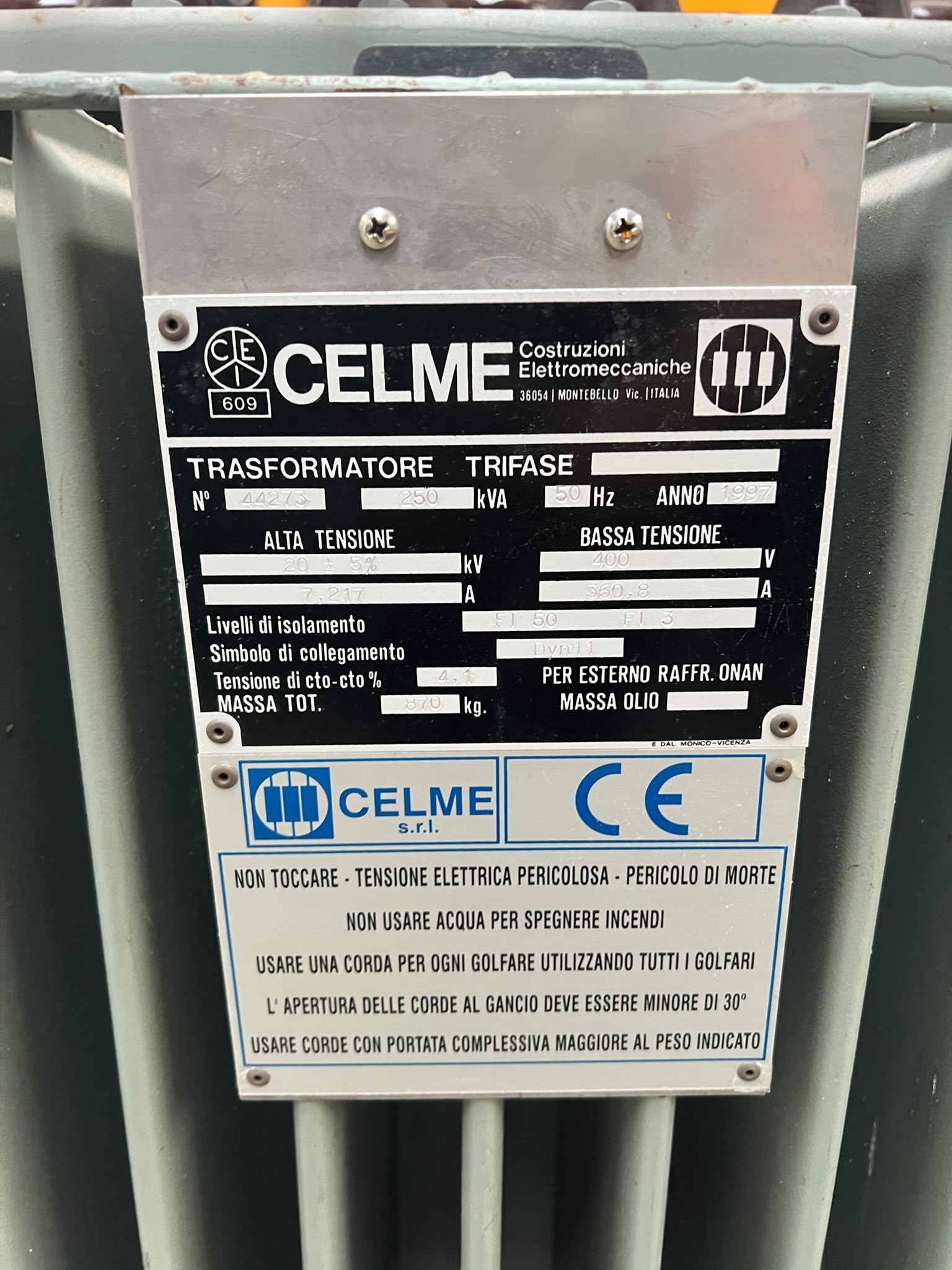 Trasformatore trifase CELME 250 kVA 20/400 V  1997 in vendita - foto 2