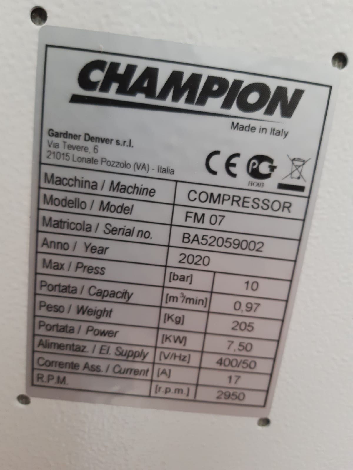 Compressore a vite CHAMPION FM07 a norme CE in vendita - foto 3
