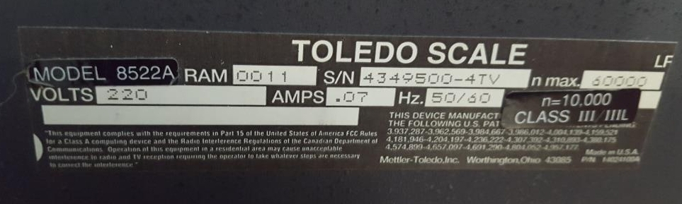 SIST. PESATURA TOLEDO SCALE - 8142 - 8522A (LAB-BIL-11) in vendita - foto 5