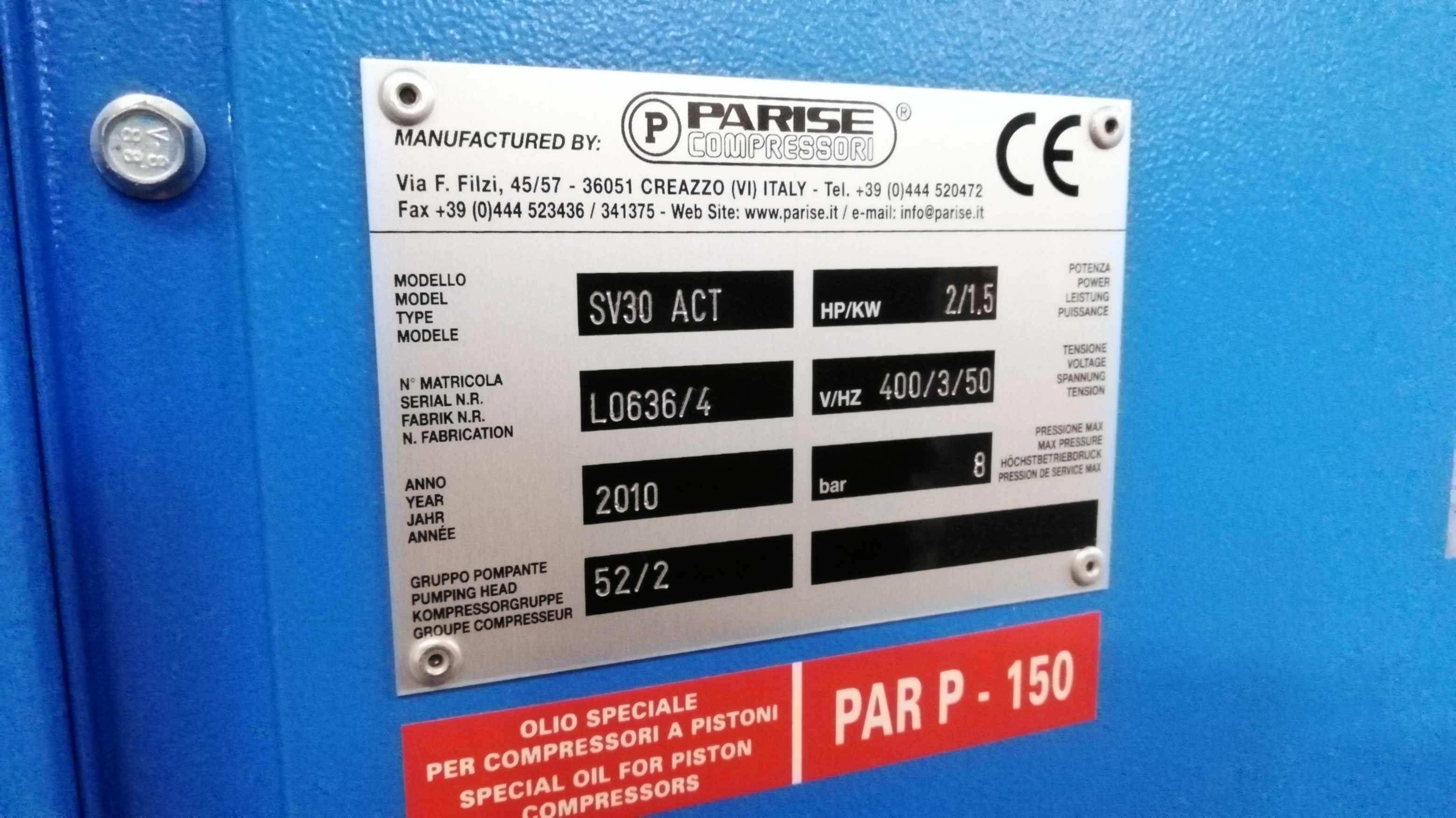 COMPRESSORE PARISE SV 30 AC-T (ESSICCATORE A PARTE) in vendita - foto 2