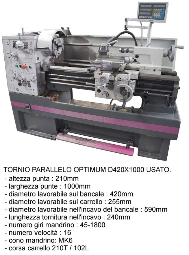 Tornio Optimum D420x1000 usato norme CE in vendita - foto 1