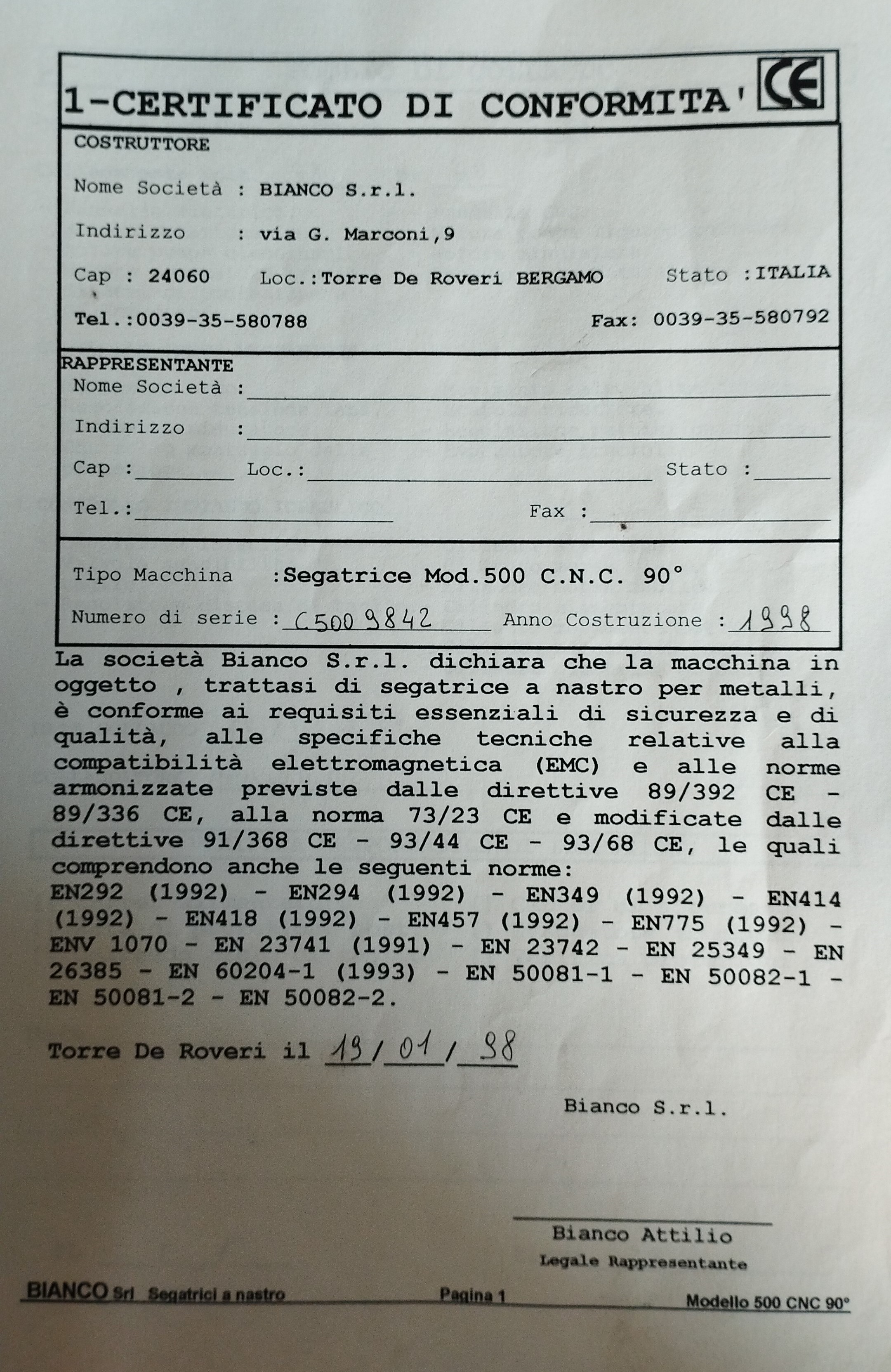 Sega a Nastro BIANCO 500 CNC 90° USATA in vendita - foto 4