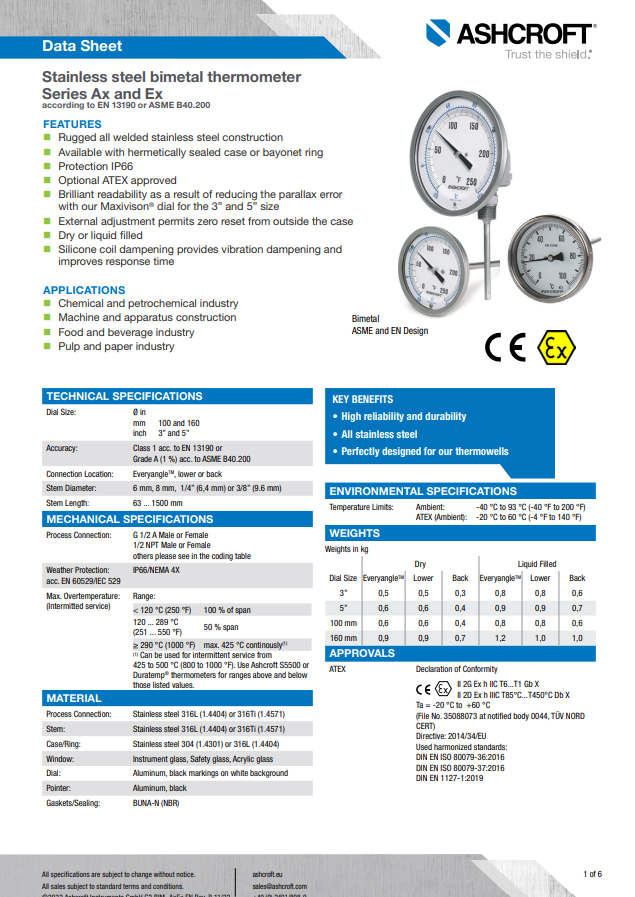 Ashcroft Stainless Steel Bimetal Thermometer in vendita - foto 1