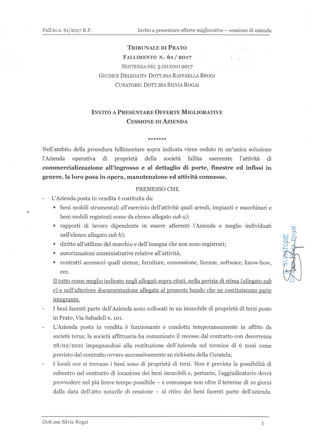 Fall. 61/2017 Trib. di Prato - Cessione azienda in vendita - foto 4